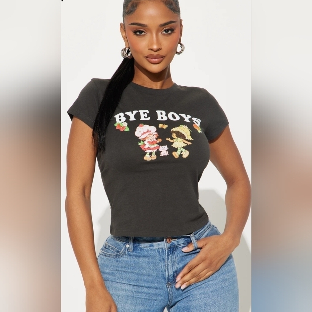 Strawberry Shortcake "Bye Boys"  Black Graphic Crop Top Size Large!